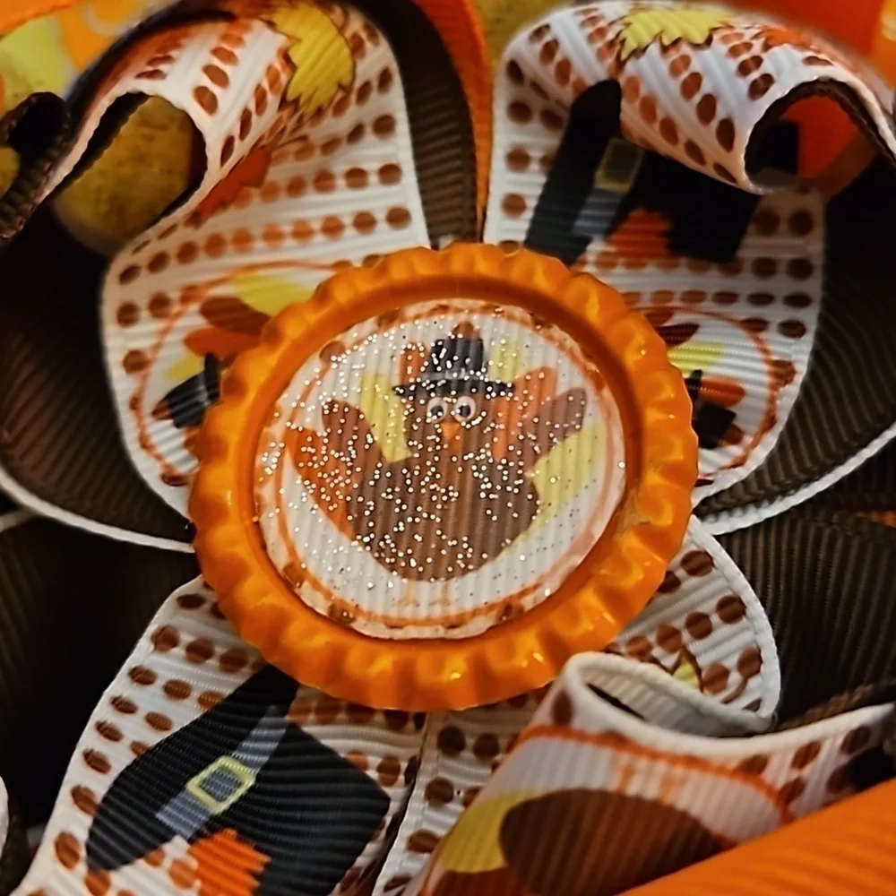 Large Turkey Thanksgiving Fall Round Ribbon Hair Bow